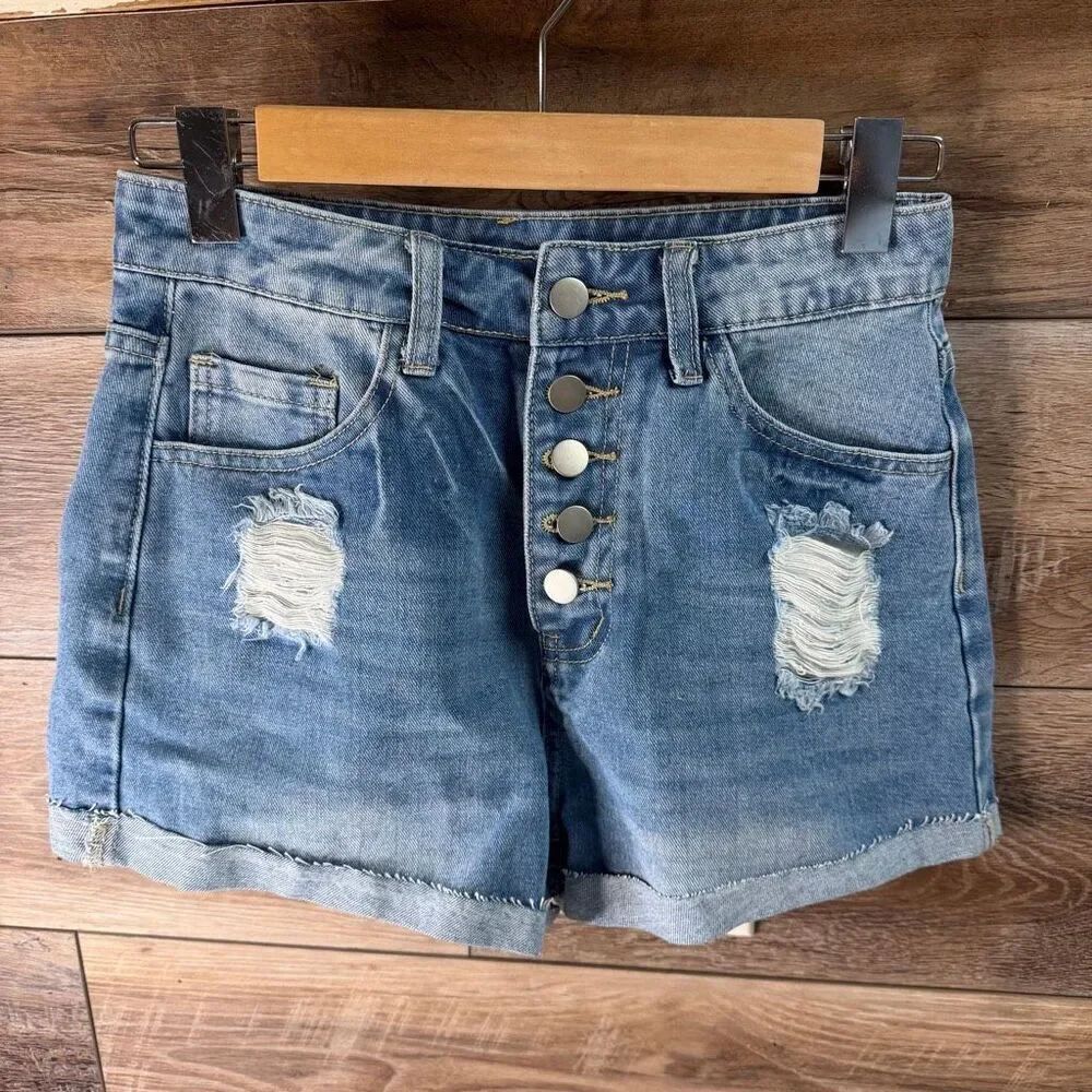 Women’s Distressed Denim Jean Shorts Cuffed Raw Hem Button Front Small Casual